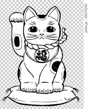 座布団に座って右前脚を挙げたブチの招き猫　筆描き・線画 84173283