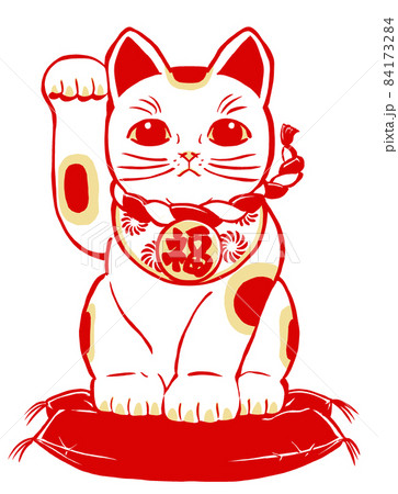 座布団に座って右前脚を挙げた三毛の招き猫　筆描き・2色塗り 84173284