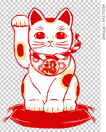 座布団に座って右前脚を挙げた三毛の招き猫　筆描き・2色塗り 84173284