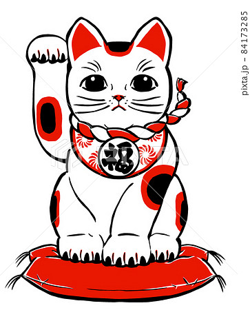 座布団に座って右前脚を挙げた三毛の招き猫　筆描き・黒と赤 84173285