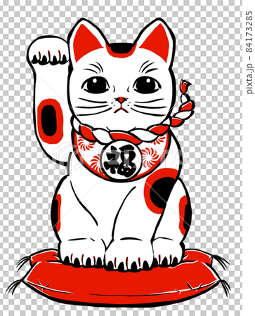 座布団に座って右前脚を挙げた三毛の招き猫　筆描き・黒と赤 84173285