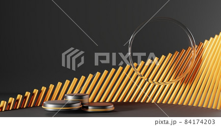 Luxury black podiums or pedestals with gold frames, round geometric stages for ad products display. Minimal studio room with vertical golden stripes and clear glass ring on dark background, 3d render Luxury black podiums or pedestals with gold frames, round geometric stages for ad products display. Minimal studio room with vertical golden stripes and clear glass ring on dark background, 3d render 84174203