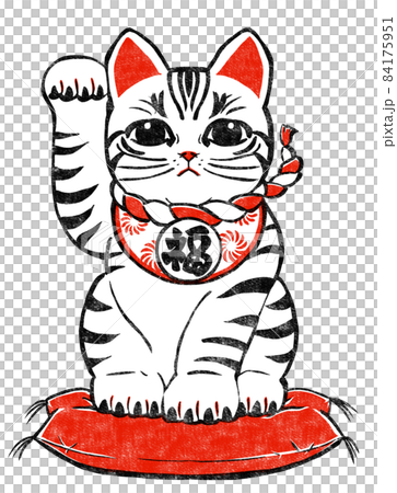 Maneki Neko with a tiger pattern sitting on a cushion and raising the right front leg, print style, black and red Maneki Neko with a tiger pattern sitting on a cushion and raising the right front leg, print style, black and red 84175951