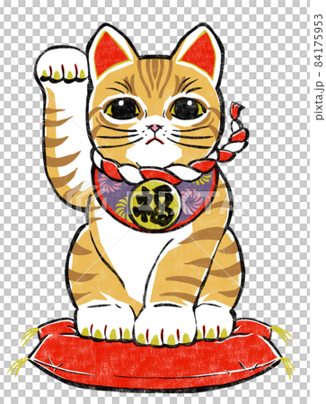 座布団に座って右前脚を挙げた茶トラの招き猫 版画風のイラスト素材