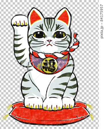 座布団に座って右前脚を挙げたサバトラの招き猫 版画風のイラスト素材