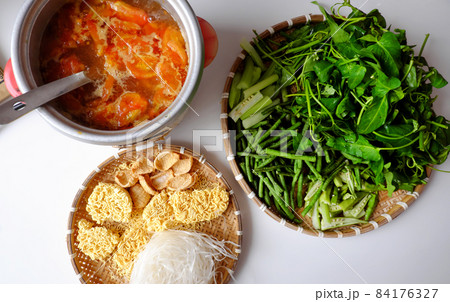 Top view Vietnamese vegan food, green vegetables hot pot homemade 84176327