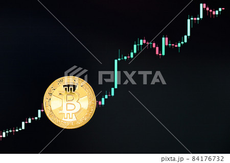 Gold bitcoin coin against the background of the price chart, which shows a high rise in price. Cryptocurrency. Financial growth concept. Gold bitcoin coin against the background of the price chart, which shows a high rise in price. Cryptocurrency. Financial growth concept. 84176732