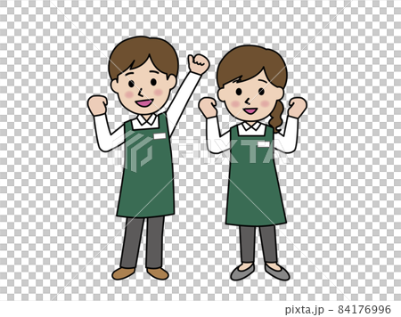 ガッツポーズの男性と女性の店員さん　 84176996