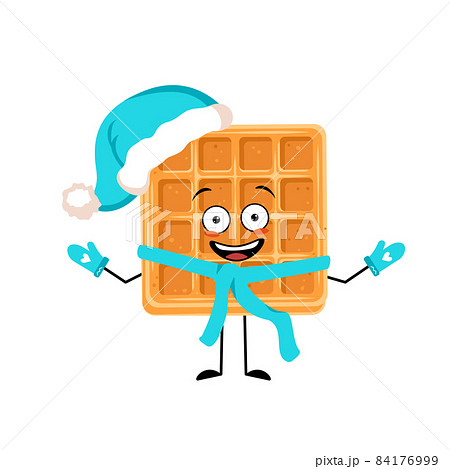 Cute character belgian waffle with joyful emotions, happy face, smile, eyes, arms and legs in Santa hat with scarf and mittens. Vector flat illustration 84176999