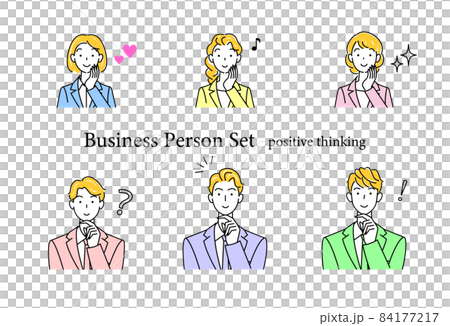 Cute male and female avatar icon set illustrations in business suits positively thinking about solutions Cute male and female avatar icon set illustrations in business suits positively thinking about solutions 84177217