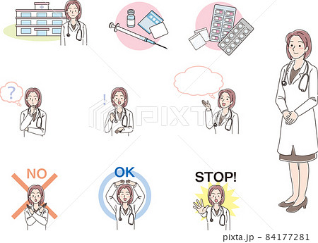 女性医師_病院イメージ_カラー_セット案内する、 困る、 指を差す、 手のひらで静止する、 静止す 84177281