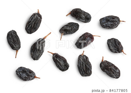 Black raisin isolated on white background with clipping path. Top view. Flat lay 84177805