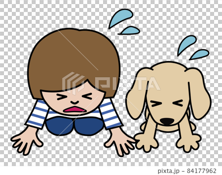 謝る女の子とダックスフンドのイラスト素材