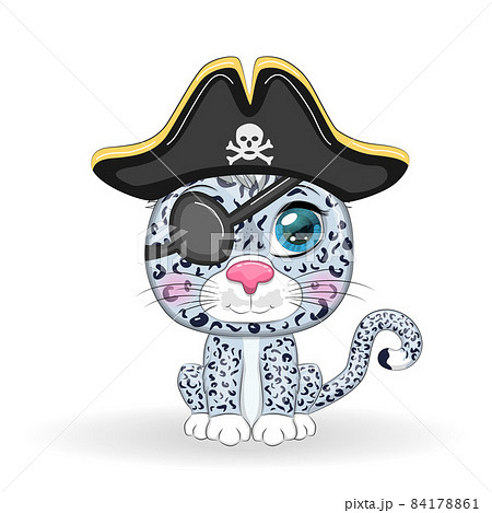 Snow leopard pirate, cartoon character of the game, wild cat in a bandana and a cocked hat with a skull, with an eye patch. Character with bright eyes Isolated on white 84178861