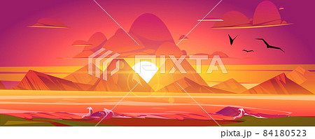 Sunset on ocean, red sky with sun going down. 84180523