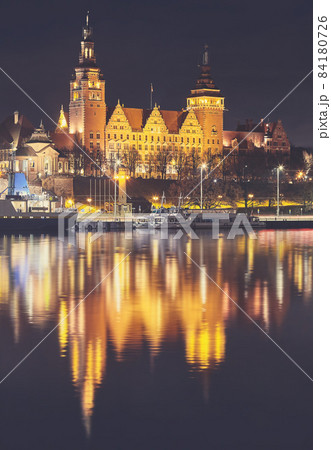 Szczecin waterfront with Chrobry Embankment at night, color toning applied, Poland. 84180726