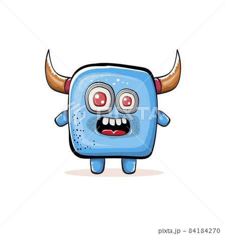 Vector cartoon funny blue monster with horn isolated on white background. Smiling silly blue monster print sticker design template. Ghost, troll, gremlin, goblin, devil and monster 84184270