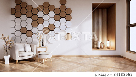 Hexagon wall on white room with arm chair and decoration plants. 3D rendering Hexagon wall on white room with arm chair and decoration plants. 3D rendering 84185965