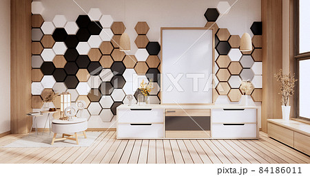 Armchair and cabinet ,decoration plants with hexagon tiles wooden, white ,black   on wall Modern room minimalist.3D rendering 84186011