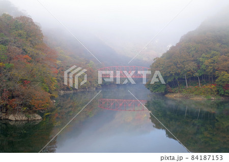 朝靄の神龍湖湖畔の紅葉の景色 朝靄の神龍湖湖畔の紅葉の景色 84187153