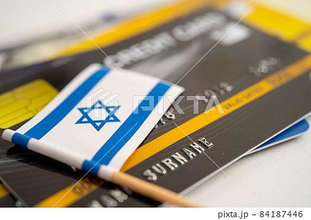 Isarael flag on credit card. Finance development, Banking Account, Statistics, Investment Analytic research data economy, Stock exchange trading, Business company concept. 84187446