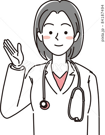 女性医師_シンプルカラー_右手を上げる 84187494