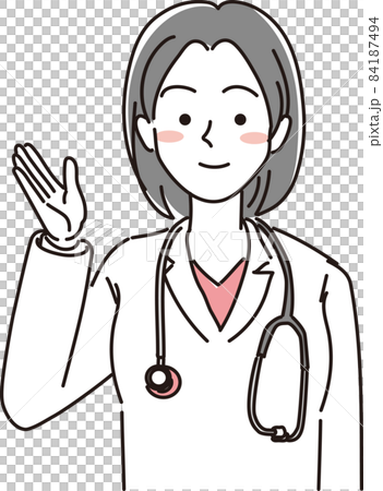 女性医師_シンプルカラー_右手を上げる 84187494