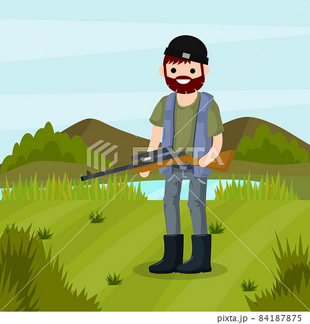 Man hunter with a gun. Survival in the woods. 84187875