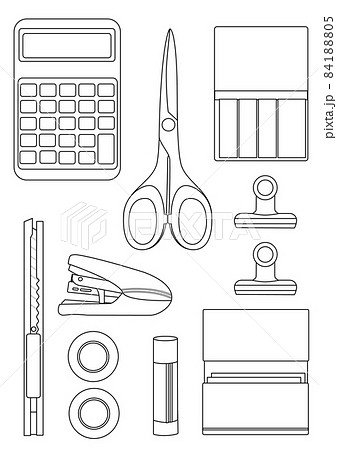 イラスト素材：シンプルなシルエットの文房具セット②線画のみ 84188805