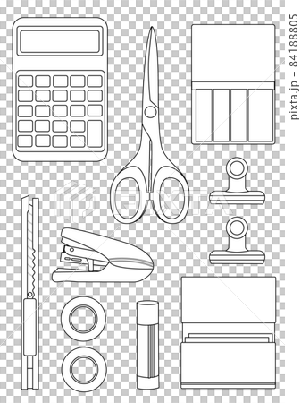 イラスト素材：シンプルなシルエットの文房具セット②線画のみ 84188805