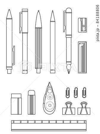 イラスト素材：シンプルなシルエットの文房具セット①線画のみ 84188806