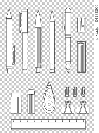 イラスト素材：シンプルなシルエットの文房具セット①線画のみ 84188806