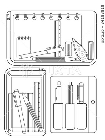 文房具が収納されたクリアケースと 筆記用具が入ったペンケースのセット 線画のみ のイラスト素材