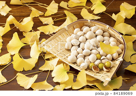 イチョウの落ち葉の上に置いたざるに入れた銀杏の写真素材