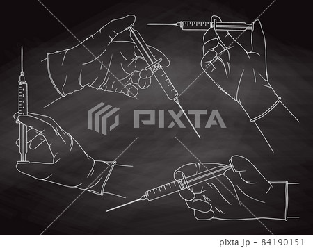 Doctor or scientist hands in latex gloves. Hands in sterile gloves holding syringe. Vector illustration 84190151