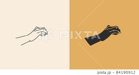 Hand drawn vector abstract stock flat graphic illustration with minimal logo element collection set,occult mystery witch hands touch line drawing and silhouette,magic art in simple style for branding. 84190912