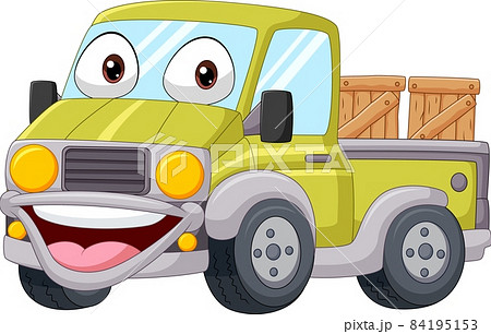 Cartoon smiling yellow pickup truck Cartoon smiling yellow pickup truck 84195153