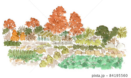 秋の紅葉と畑の風景（手描き水彩画イラスト） 84195560