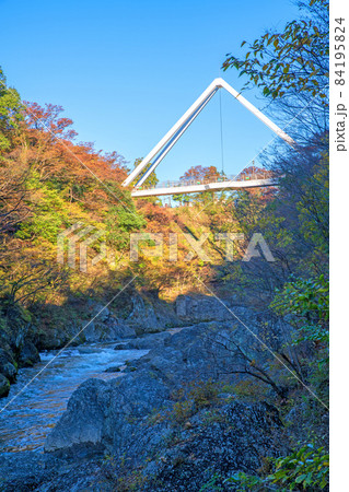 高津戸峡　高津戸渓谷　はねたき橋　紅葉はじめ　秋の風景 84195824