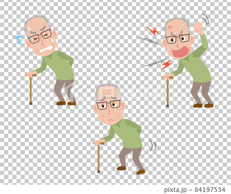 一個老人拄著拐杖的面部表情姿勢集插圖 84197534
