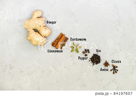 Ingredients for Indian masala tea on a white background. With inscriptions 84197607