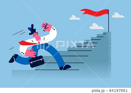 Businessman run upstairs reaching business goal Businessman run upstairs reaching business goal 84197661