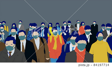 主線なしイラストのマスクをつけた日本人の群衆のイラスト素材