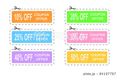Discount coupons with different percentage offers. Set of coupons with dotted cut line and scissors icon isolated on white background. Vector flat illustration Discount coupons with different percentage offers. Set of coupons with dotted cut line and scissors icon isolated on white background. Vector flat illustration 84197767