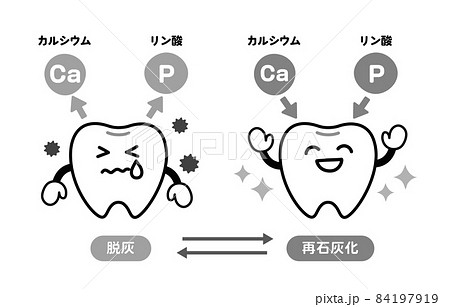 脱灰と再石灰化に関する歯の可愛いイラストのイラスト素材