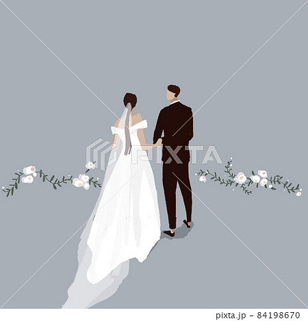 腕を組んだ新郎新婦 男女の後ろ姿 ウエディング 結婚式 フラワー ブルー Aのイラスト素材
