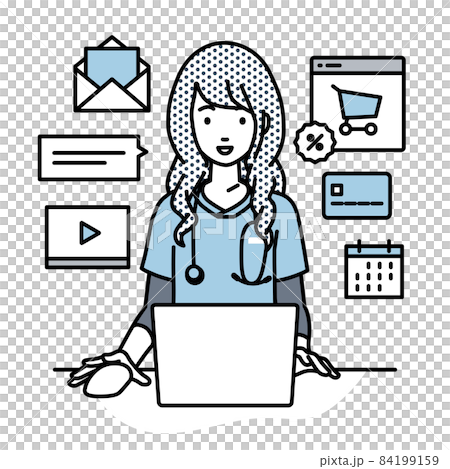 A nurse woman sitting at a desk and doing an online shop or marketing job on a PC 84199159