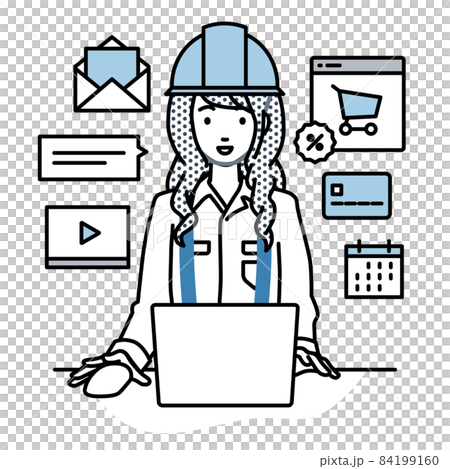 A woman at a construction site sitting at a desk and doing an online shop or marketing job on a PC 84199160