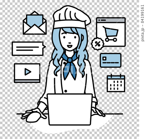 一位女廚師坐在辦公桌前，在 PC 上做網店或營銷工作 84199161