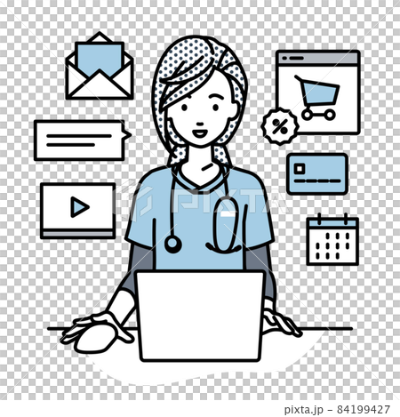 一位護士坐在辦公桌前，在 PC 上做網店或營銷工作 84199427